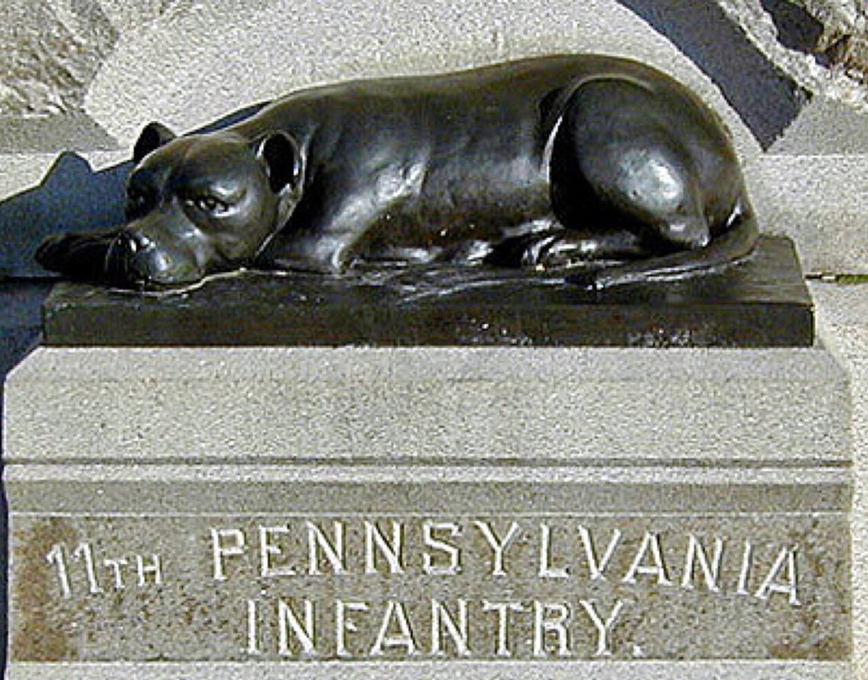 Sallie, a mascot dog that accompanied the 11th Pennsylvania Infantry Regiment during the Civil War, on a monument at the Gettysburg Battlefield