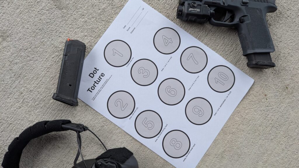 Handgun, magazine, ear protection on "Dot Torture" target.