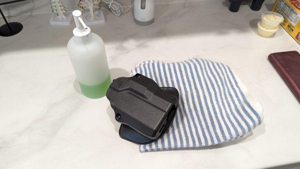 soap, holster, and rag