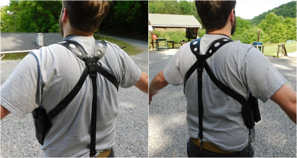 two angles showing a man wearing the Safariland 1051 ALS Shoulder Holster harness, holster on the left side, dual mag pouch on the right