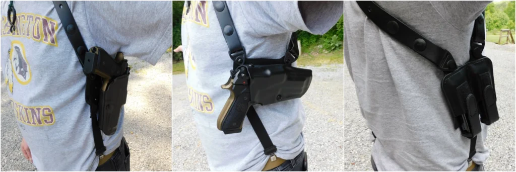 left to right, three images of a person wearing a shoulder holster. First is Safariland 1051 ALS Shoulder Holster with a vertical cant, middle image has the holster at a horizontal cant, and right image is of the dual magazine holster
