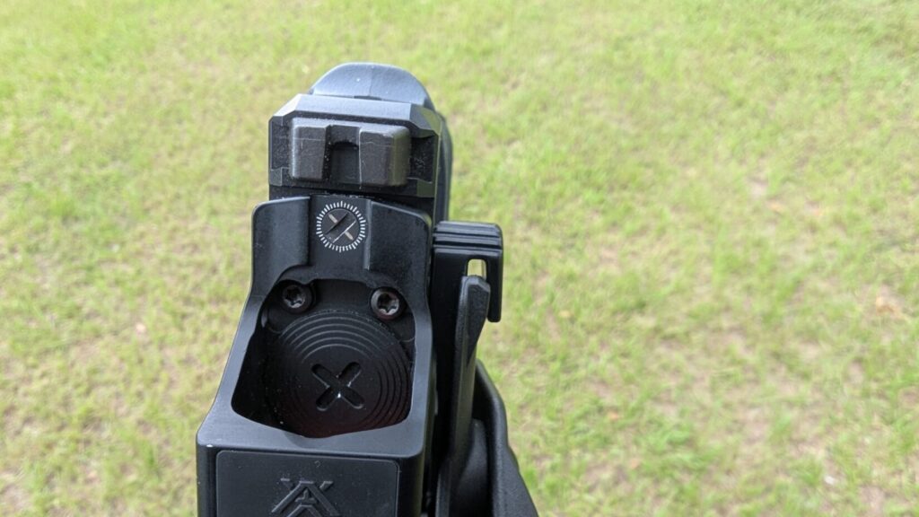 Als lever, top view of Safariland Solis holster with gun in place