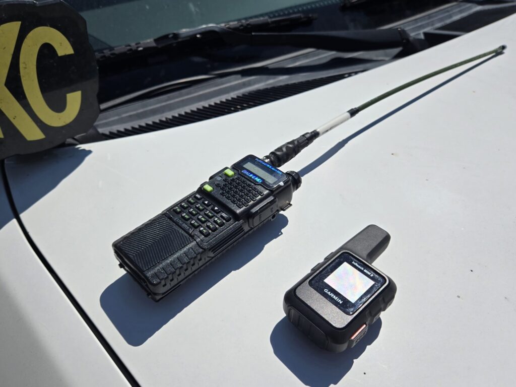 Baofeng UV-5R Radio with Iron Spear Outfitters whip antenna and Garmin InReach communicator