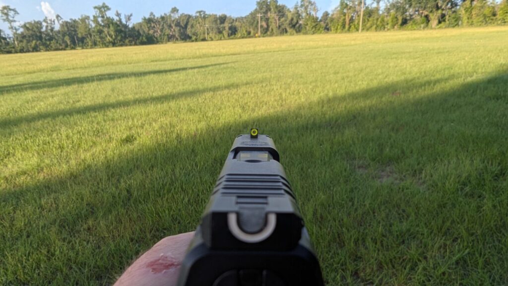 A first-person view of aiming a Hellcat pistol, showing the rear sight with a bright green dot and the front sight, against a blurred green field background.