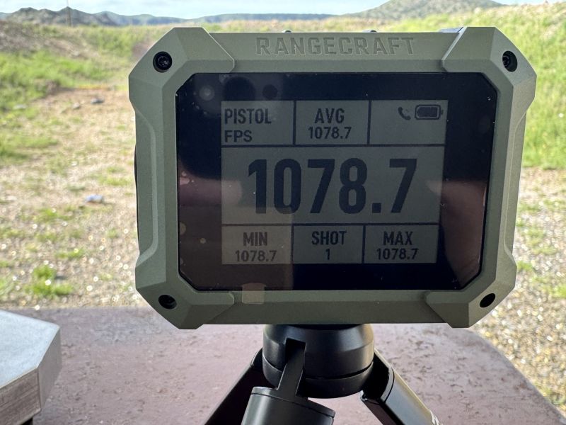 Athlon Velocity Pro Radar Chronograph screen showing velocity, average velocities, minimum and maximum velocities of a shot string
