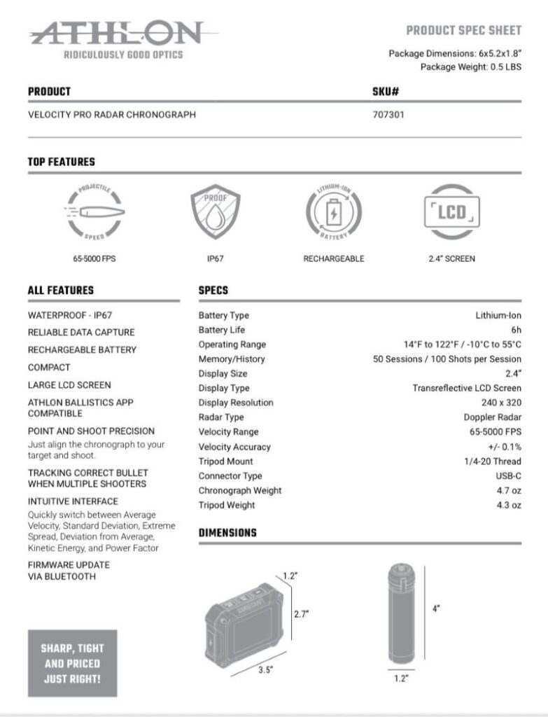 The Rangecraft Velocity PRO's spec sheet details multiple features associated with the handy chronograph.