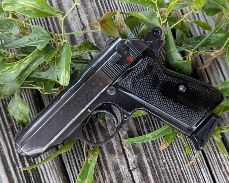 Walther PPK/s pistol on wooden deck with foliage.