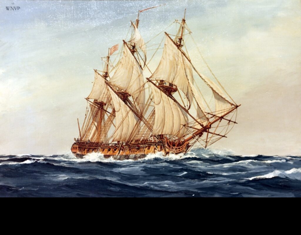 The frigate Alliance fired the final shots of the American Revolutionary War, marking both the end of combat and the twilight of the Continental Navy — it was the last active warship in service. Oil painting by Nowland Van Powell, 1968. (Naval History and Heritage Command. Public Domain)