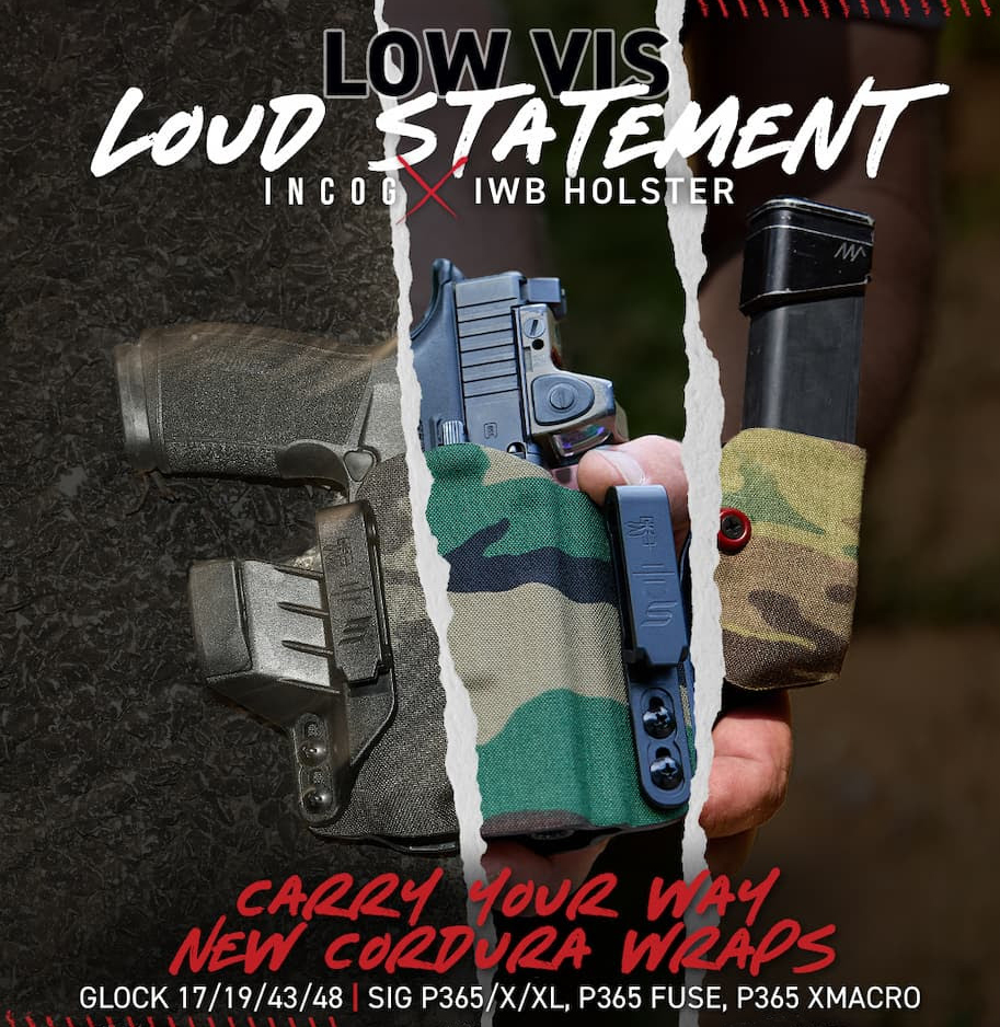 The Safariland INCOG holster displayed in multiple versions of the Cordura wrap camo options available. 