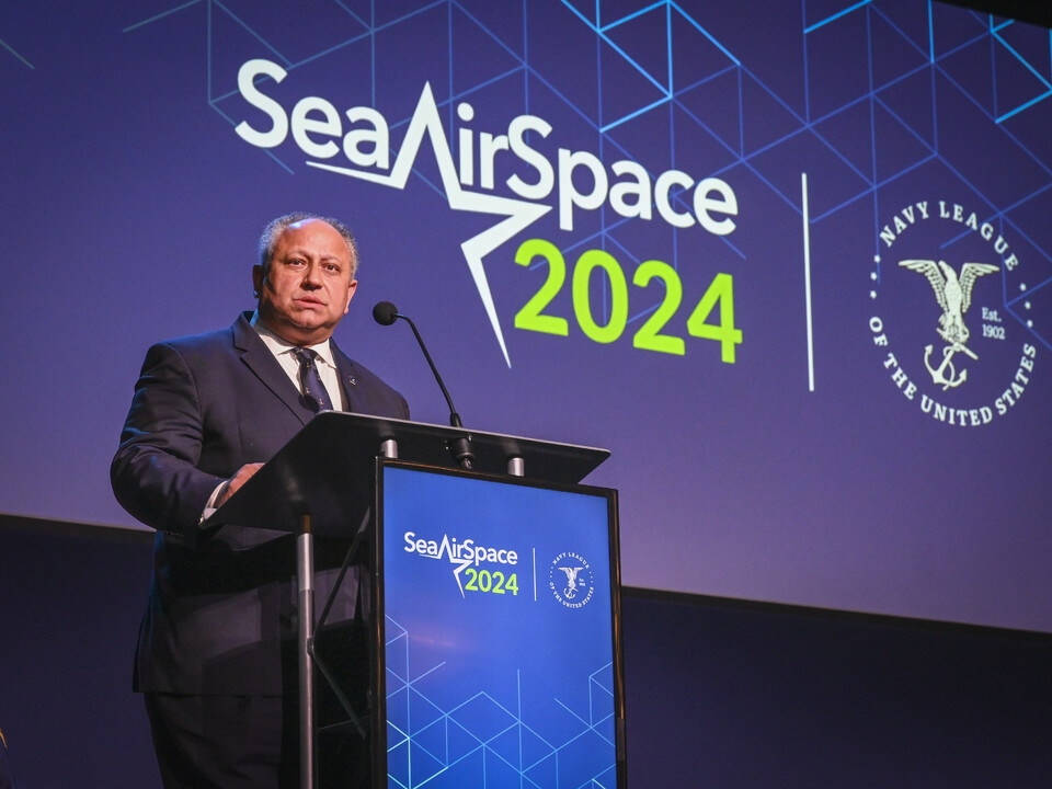Secretary of the Navy Carlos Del Toro delivers keynote remarks at Sea-Air-Space 2024. (U.S. Navy photo. Public Domain)