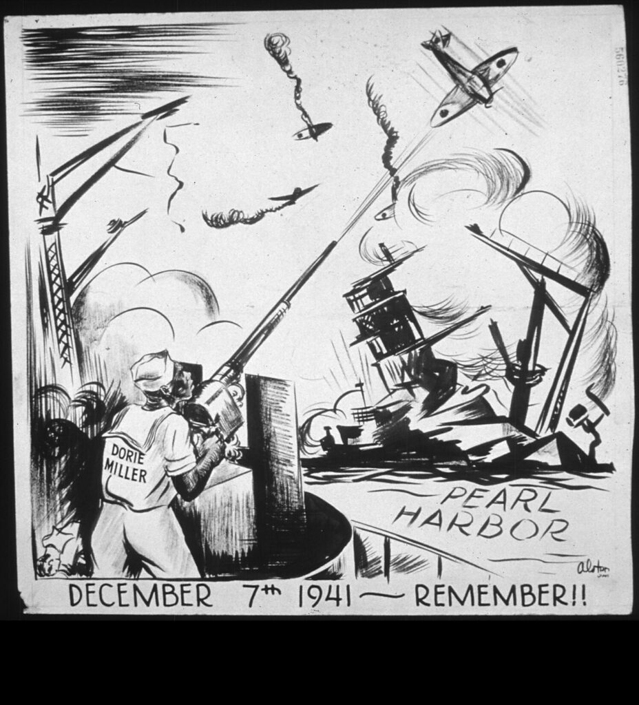 Illustration of Doris Miller defending the fleet at Pearl Harbor. (Charles Alston, Office of War Information and Public Relations. Public Domain)
