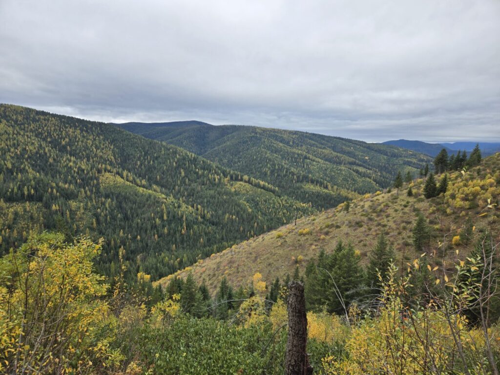 A fall landscape in Idaho featuring a distinct spur and valley
