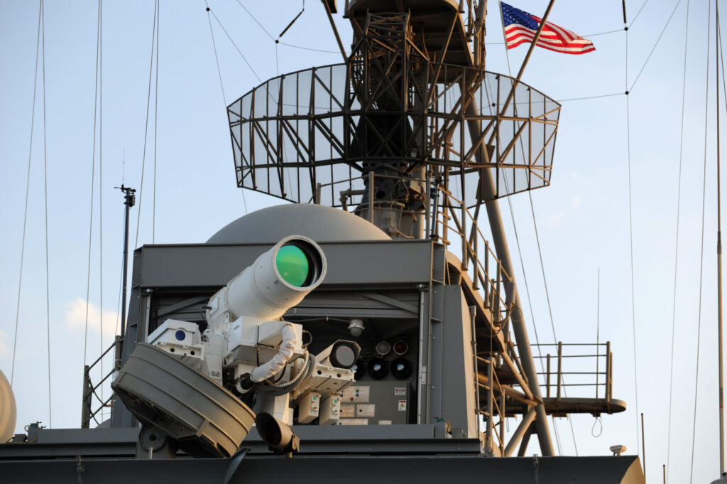 AN/SEQ-3 Laser Weapon System – Directed Energy Weapon. Mounted on a U.S. Navy ship, this laser system showcases the Navy’s push into high-energy weapons. (U.S. Navy photo by John F. Williams. Public Domain)