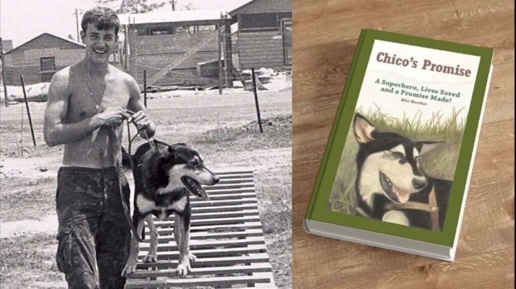 Pictured is Vietnam K9 handler Mike Monahan with Chico in Vietnam and his book Chico's Promise
