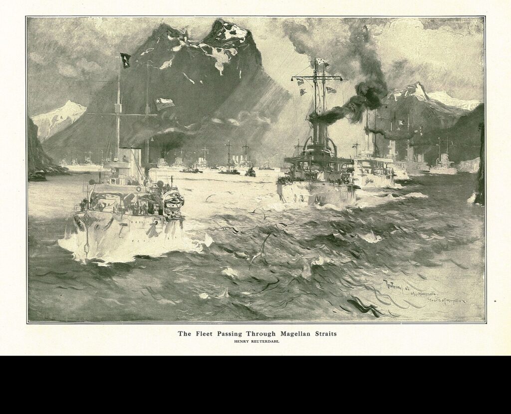 Halftone reproduction of a painting by Henry Reuterdahl, depicting the U.S. Atlantic Fleet steaming through the Straits of Magellan in February 1908. Copied during the 1930s from Theodore Roosevelt's autobiography. (U.S. Naval History and Heritage Command. Public Domain)