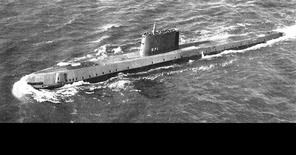USS Nautilus (SS-571), the U.S. Navy's first nuclear-powered submarine, on its initial sea trials, 10 January 1955. (U.S. Navy Bureau of Ships photo. Public Domain)