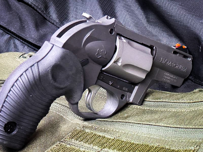 The Taurus Protector Poly revolver propped up on a green canvas with a black background. 