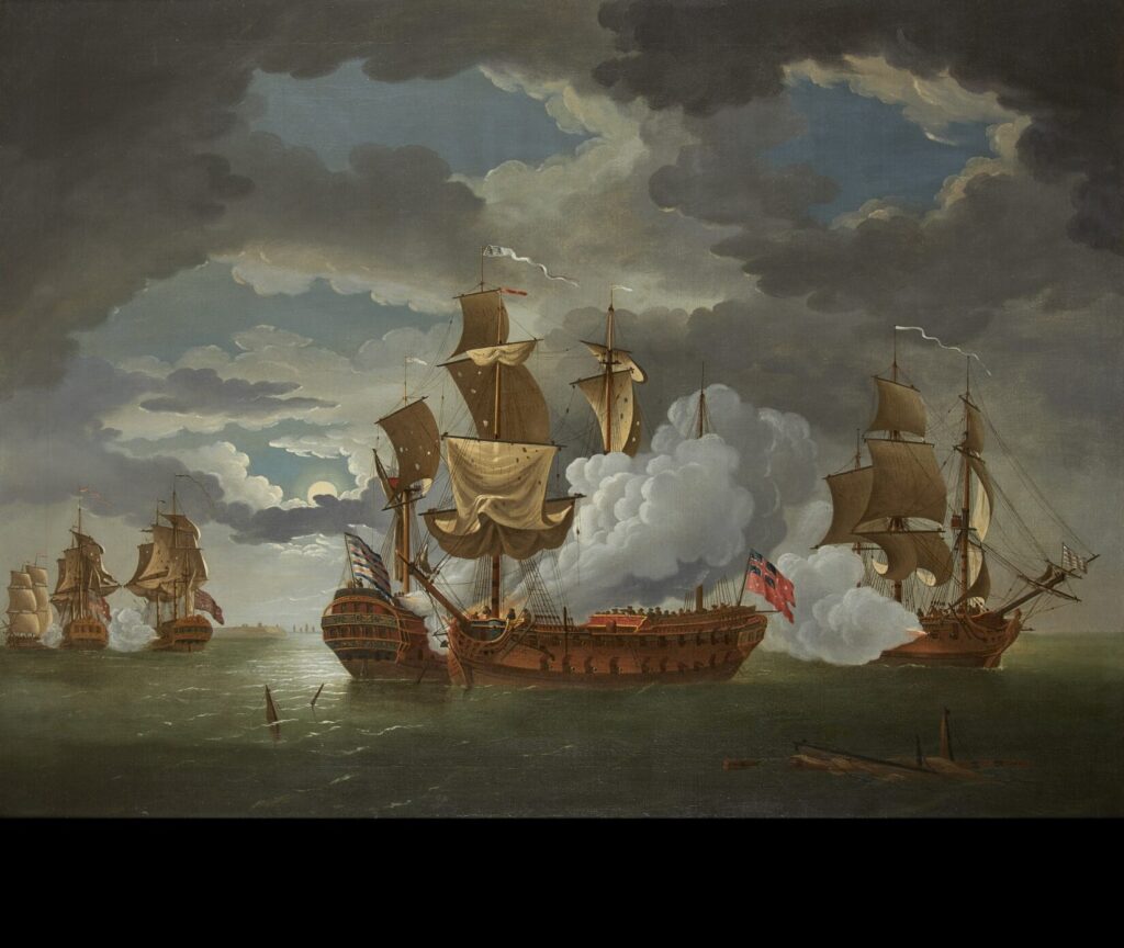 The Action Between the Frigates USS Bonhomme Richard (Capt John Paul Jones) And HMS Serapis, During The Battle Of Flamborough Head, 1779. The Alliance fires on the combatants. Oli on canvas by R. Pation, 1780. (PublicDomain)