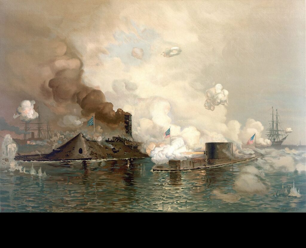 “The Monitor and Merrimac: The First Fight Between Ironclads", a chromolithograph of the Battle of Hampton Roads, produced by Louis Prang & Co., Boston, 1886. (Public Domain)