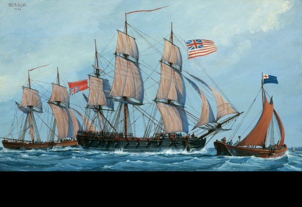 The Continental Navy frigate Columbus with the captured British brig Lord Lifford off New England, 1776. Painting in oils by W. Nowland Van POWELL.
