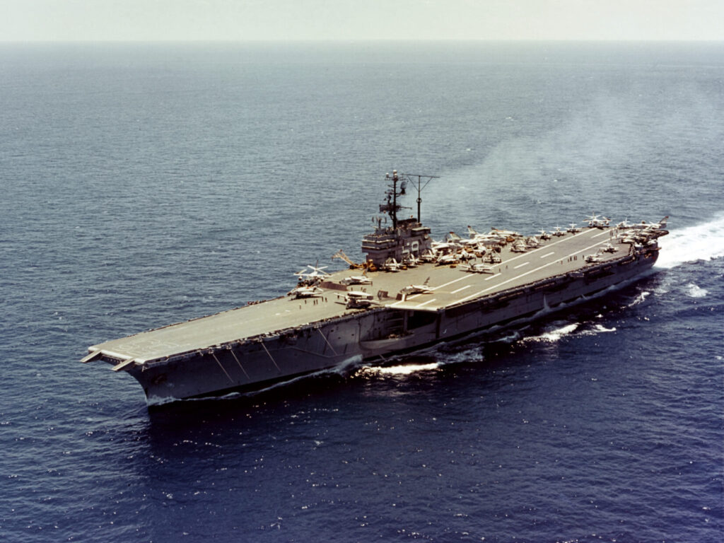 The U.S. Navy aircraft carrier USS Forrestal (CVA-59), underway at sea on 31 May 1962 while preparing for her fifth deployment. (U.S. Navy photo. Public Domain)