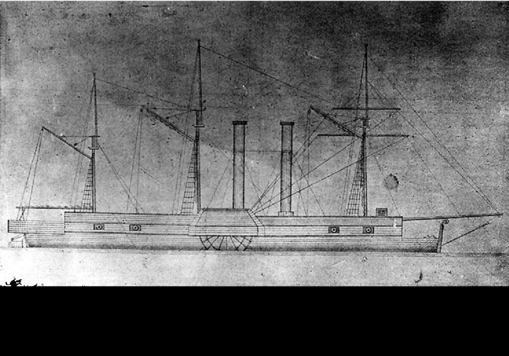 Drawing of Fulton as originally built in 1837. Unknown. Original held at the Smithsonian Institution, from the Skerritt Collection, Bethlehem Steel Corporation Archive.