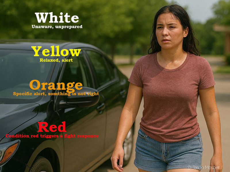 A women with black hair, red shirt, and jean shorts, walking by a black car. To the side of the women are the words, "White, Yellow, Orange, and Red" (Jeff Cooper's Color Code) with short descriptions of each color underneath.
