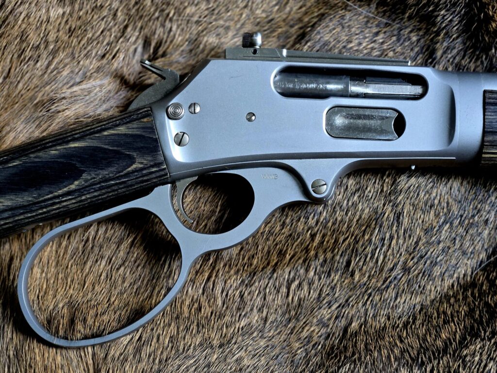 Wild West Guns C-pilot, Close up of lever action big loop against a whitetail fur