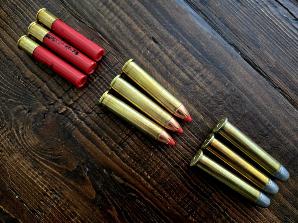 Three .410 shotgun slugs and six .45-70 rounds on a wooden backdrop.