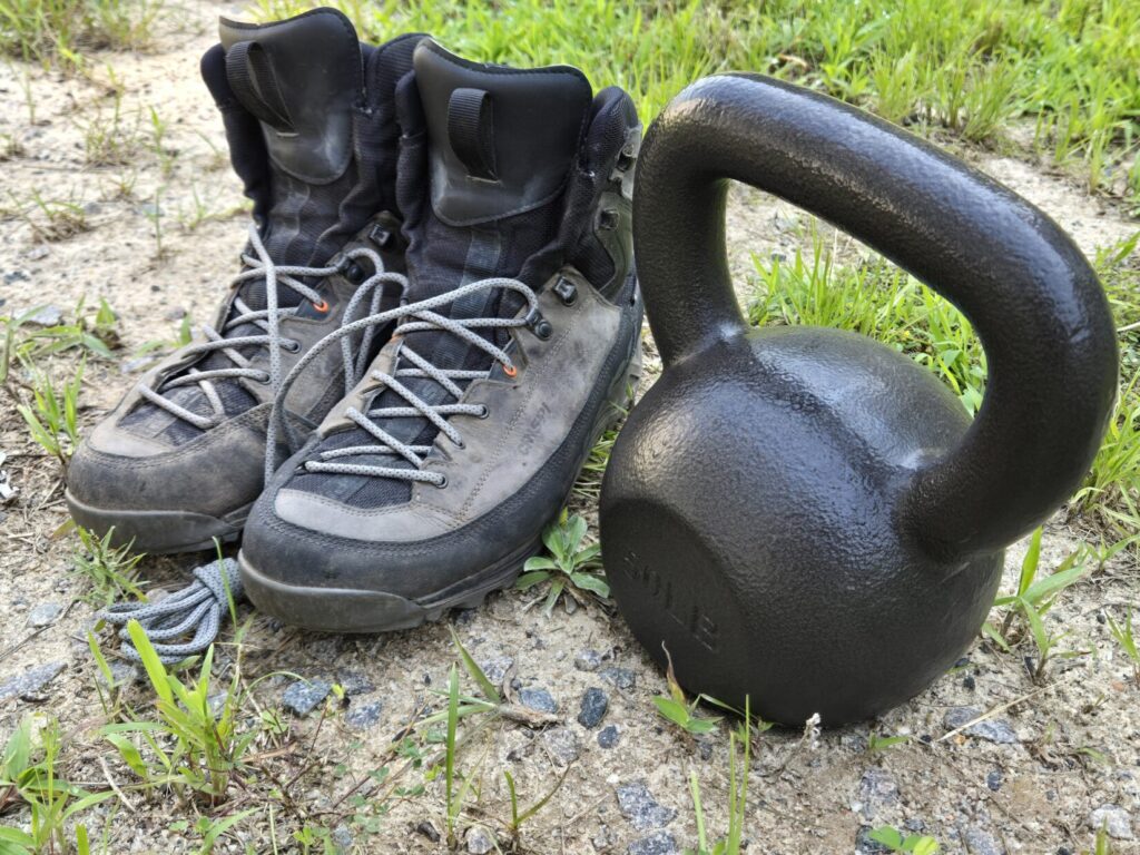A set of Crispi altitude boots and a 50 pound kettlebell