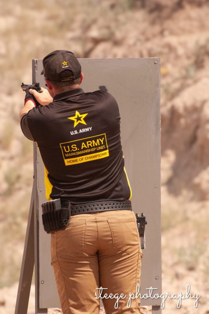 Army Marksmanship Unit competitor shooting off the barricade.