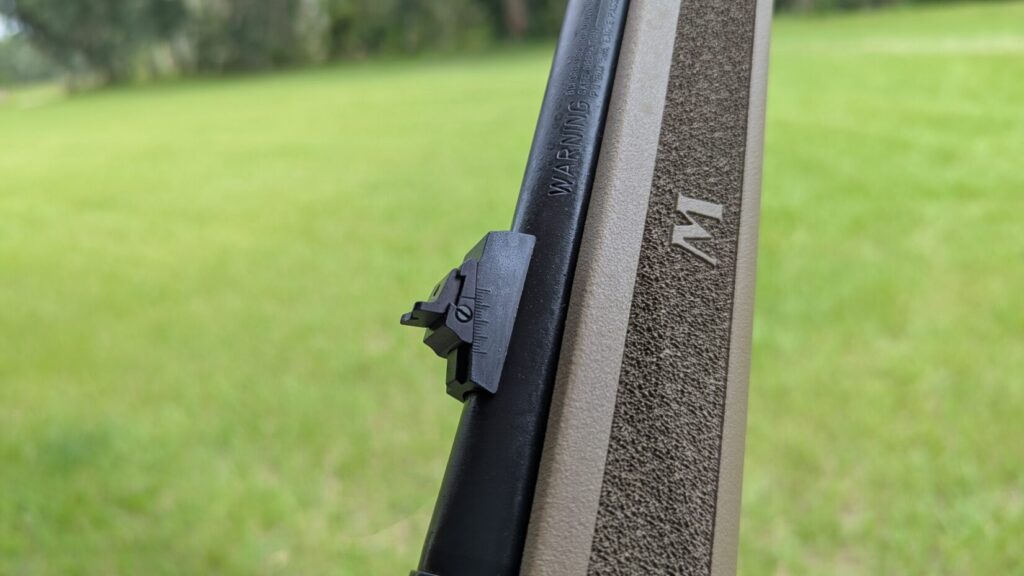 A close-up of the Mossberg MVP Patrol rifle's adjustable rear sight.