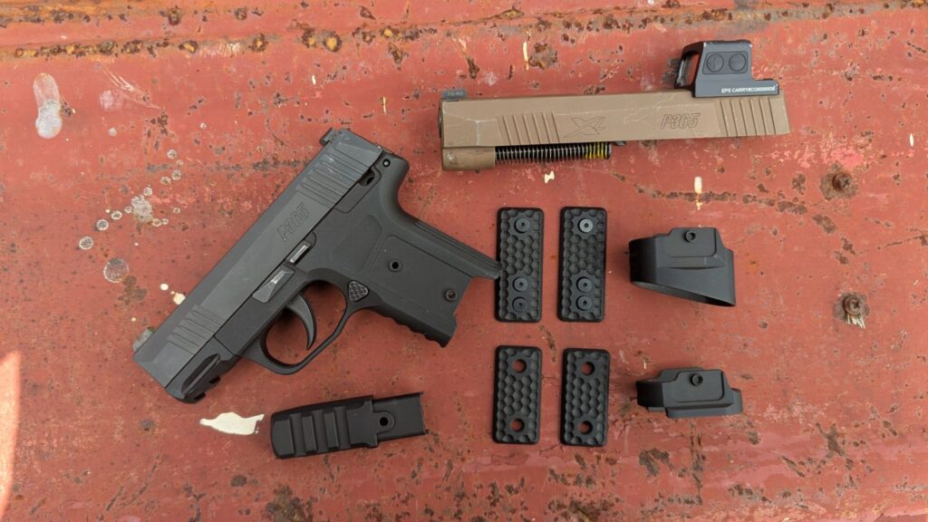 Disassembled S365 grip module and slide with grip panels.