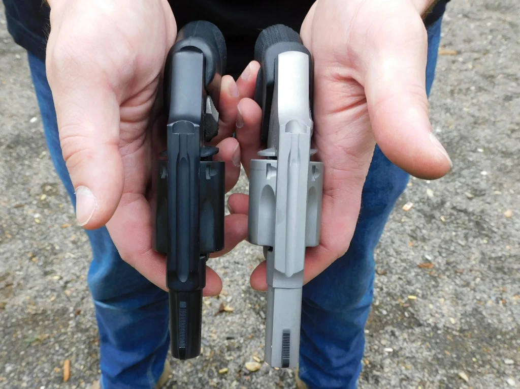 Two revolvers held side by side