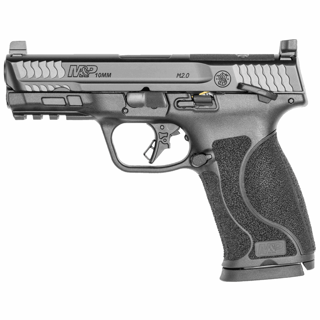 A close-up, studio shot of a black M&P 10mm M2.0 pistol. It has a textured grip and a slide with forward and rear serrations. The "10MM" marking is clearly visible on the slide.