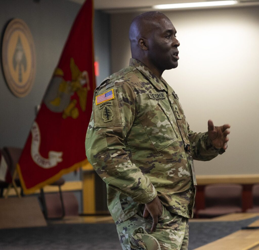 U.S. Army Lt. Gen. Antonio M. Fletcher, commander of NATO Special Operations Headquarters, speaks to Marine Raiders with Marine Forces Special Operations Command at Cognitive Raider Symposium 2023 on Camp Lejeune, North Carolina, June 22, 2023. (US. Marine Corps photo by Cpl. Henry Rodriguez. Public Domain)