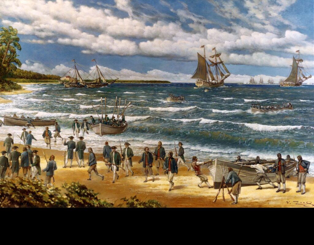 Oil painting on canvas by V. Zveg, 1973, depicting Continental Sailors and Marines landing on New Providence Island.