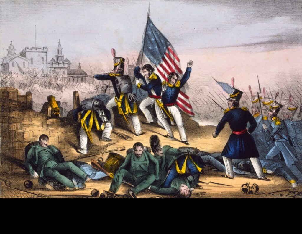 Painting of Marines storming Chapultepec Castle with a large American flag during the Mexican-American War. (Library of Congress Prints and Photographs Division. Public Domain)