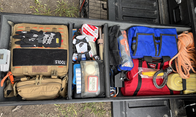 Drawer of vehicle recovery gear for off-grid preparedness