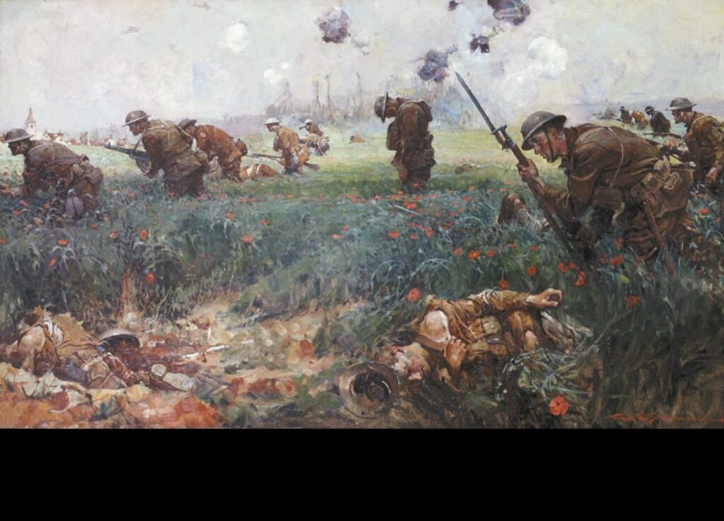 Painting by Frank Schoonover titled "Wheat Field," painted in 1919, showing the charge of the 6th Marines around Belleau Wood to the town of Bouresches. 250 started, 19 finished. (Wikimedia. Public Domain)