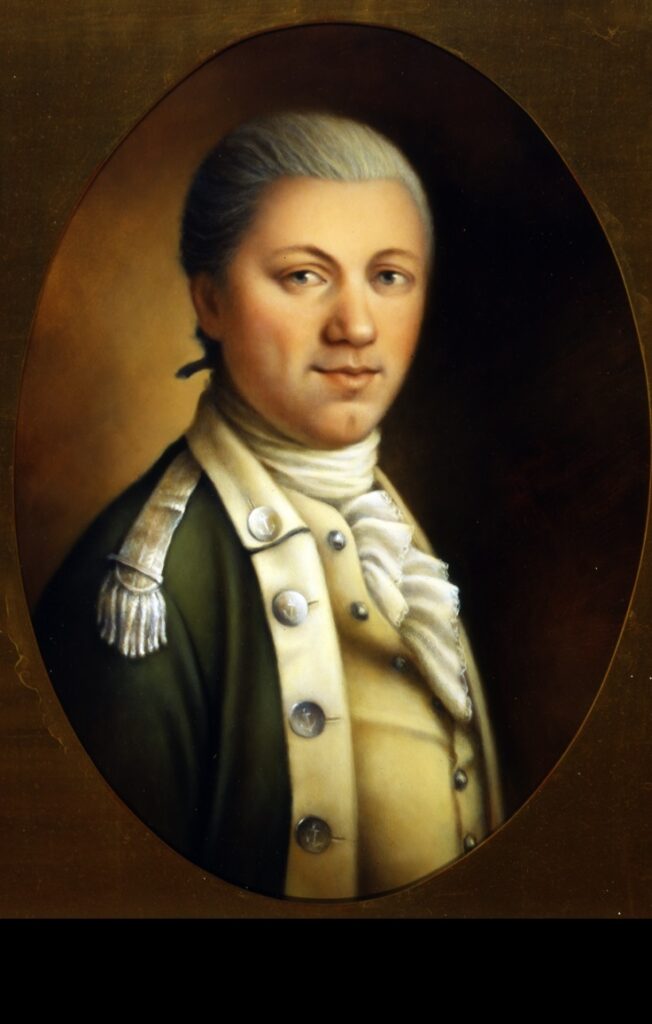 Portrait of First Leader of Marines, Maj. Samuel Nicholas. This portrait hangs in the Commandant’s house and was originally created by Maj. Donna J. Neary, USMCR, in 1989; the likeness was produced with reference to antique miniatures and other sources. (U.S. Marine Corps. Public Domain)