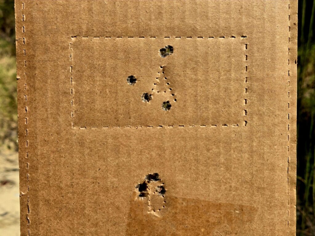 The top of an USPSA target with 5 shots in the A zone and 5 shots in the B zone
