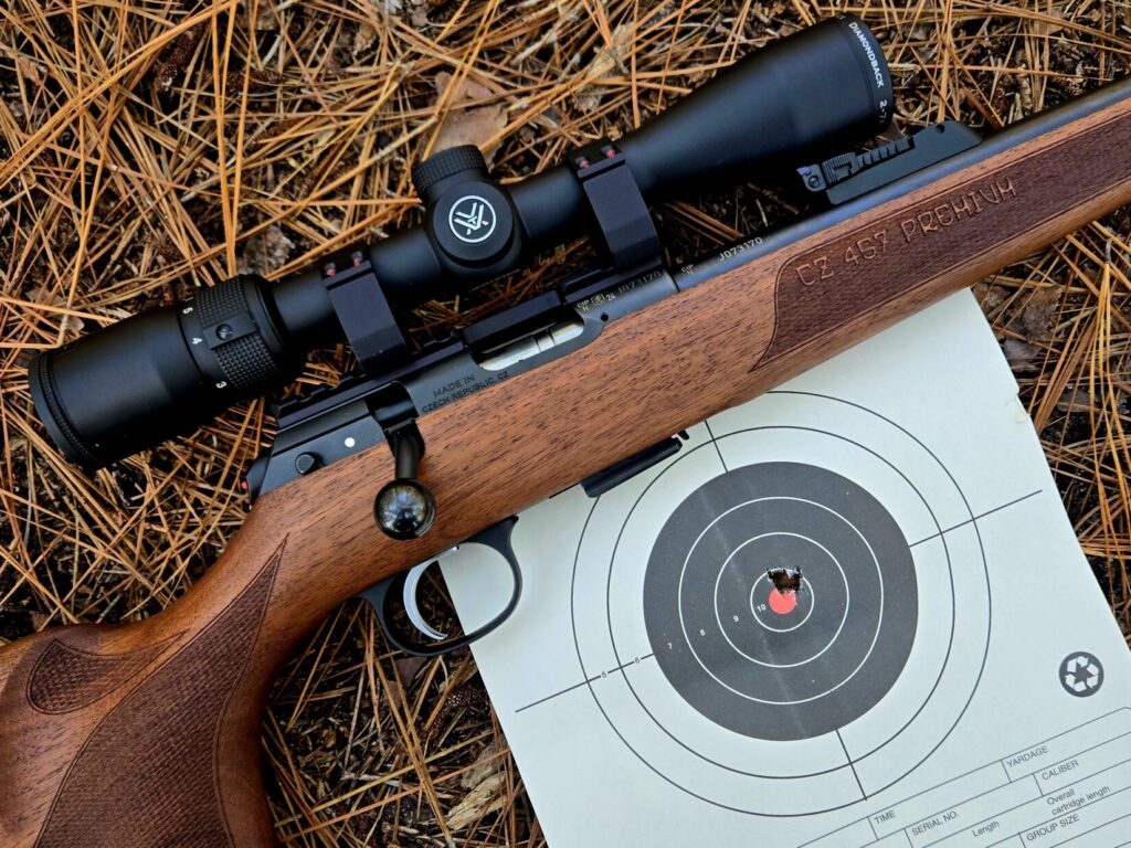 A rimfire rifle with a scope on top of a bullseye target