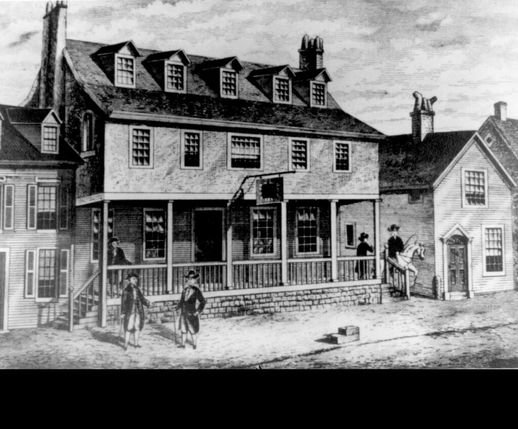 Sketch of Tun Tavern in the Revolutionary War, birthplace of the Continental Marines, from which the U.S. Marine Corps descended. (National Archives. Public Domain)