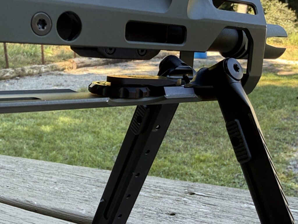 A closeup of the hinge mechanism for the Blk Lbl forend bipod.