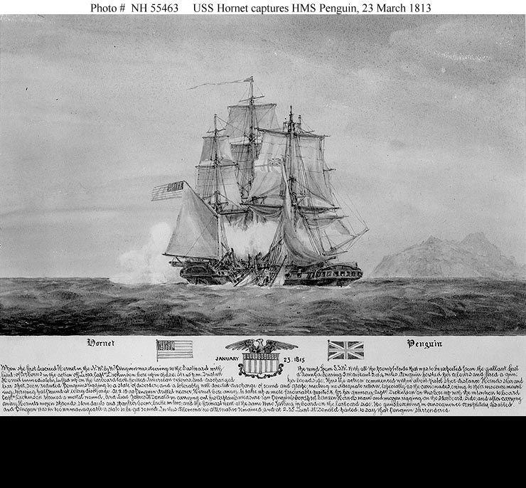 Artist's rendering of the action between Marines and Sailors aboard Penguin and Hornet during final engagement between United States and British forces in the War of 1812. ( U.S. Naval History and Heritage Command Photograph  Public Domain)