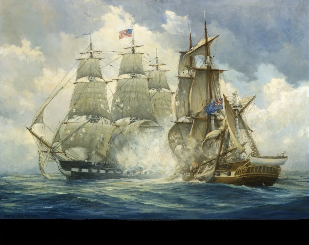 Painting of the US Navy frigate USS Constitution defeating HMS Java during the War of 1812.