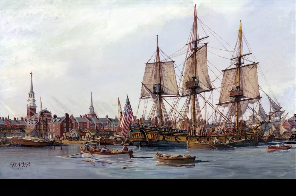 The frigate Alfred (center, with Grand Union Flag) was the Continental navy's first warship. (Naval History and Heritage Command)