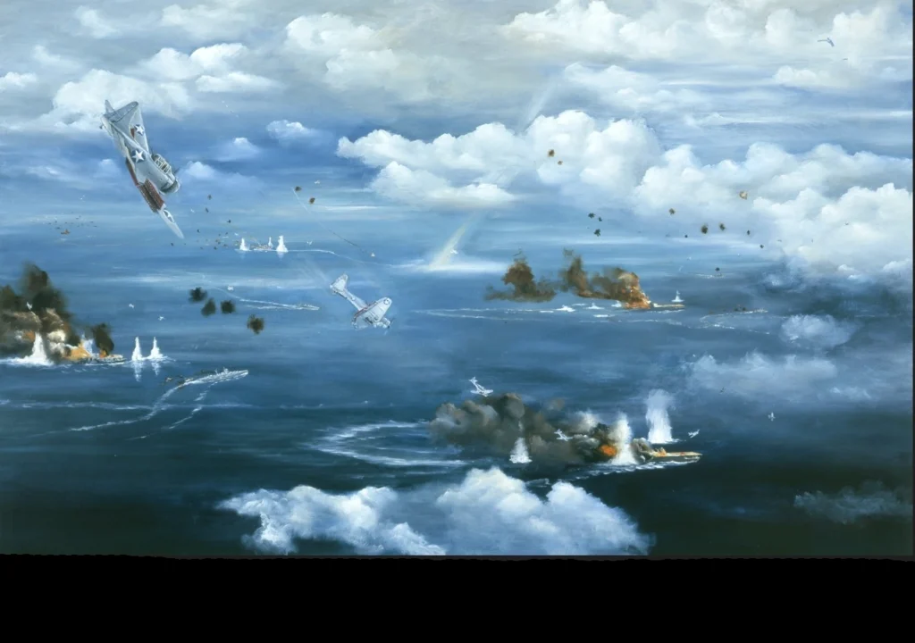 Painting of US Navy Dauntless dive bombers attacking Japanese ships at the Battle of Midway.