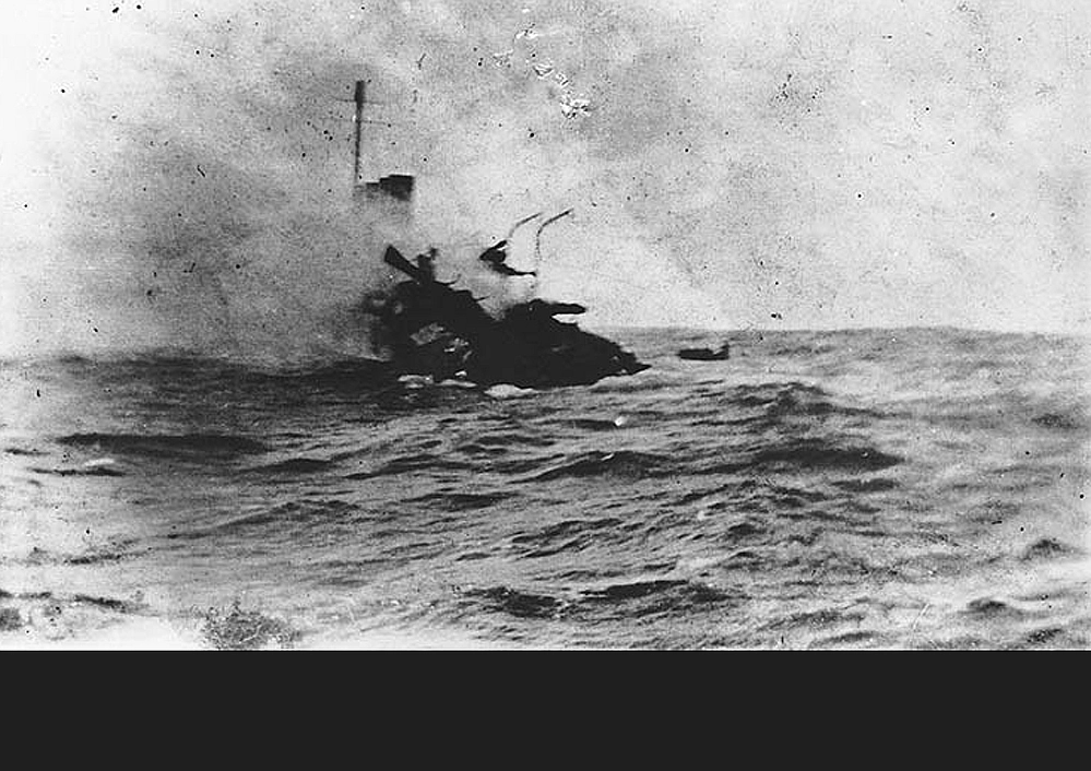 US Navy destroyer Jacob Jones sinks after being torpedoed by a German U-boat in 1917.